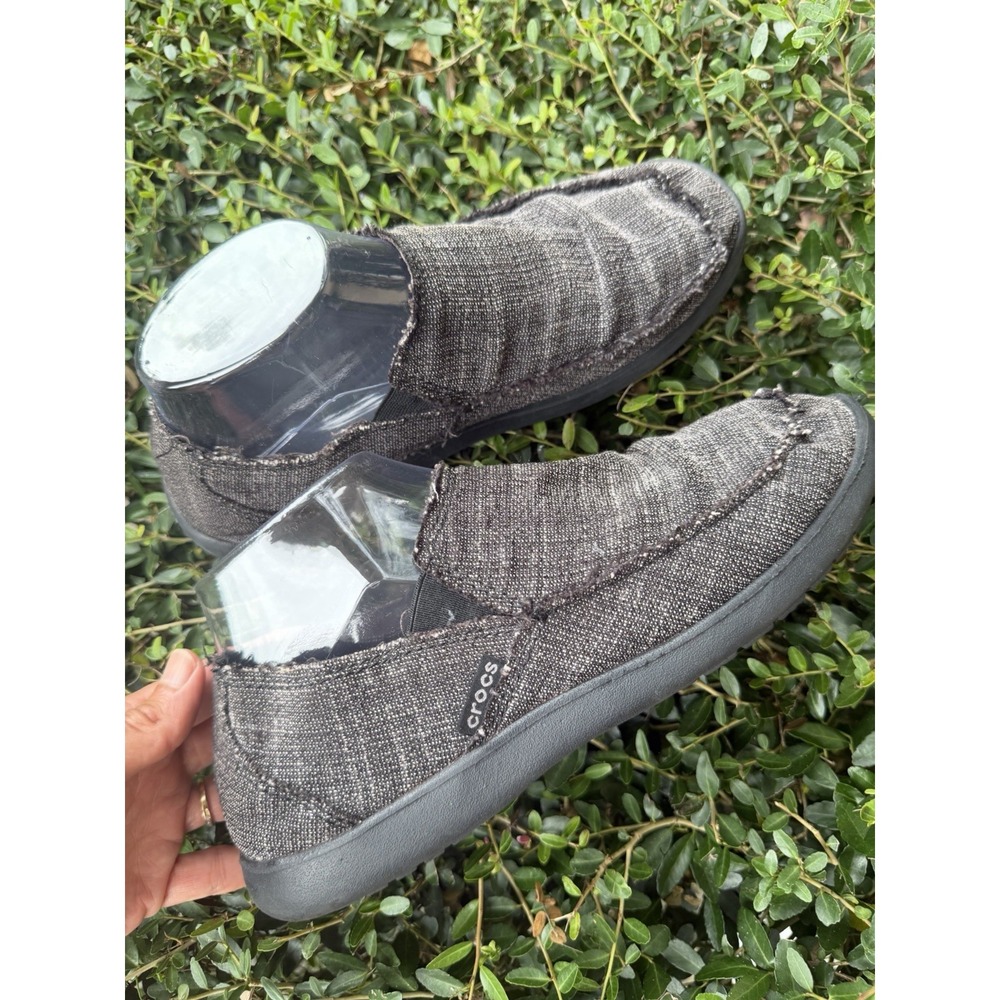 Crocs Santa Cruz Slip-On Loafers Relaxed Black Canvas Frayed Raw-Edge Men's 7